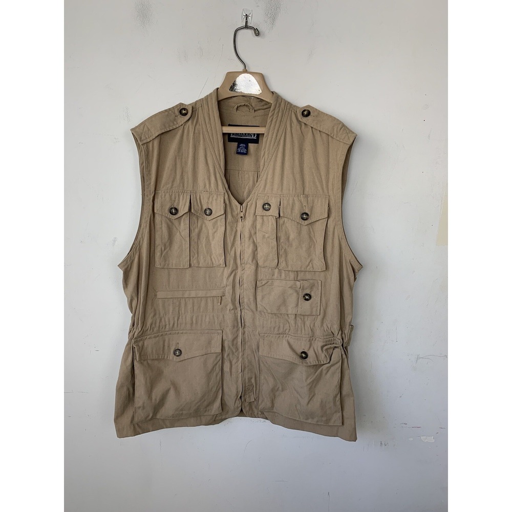 Lands End Men Vest Large Fishing Hunting Utility Zip Tactical Safari Nylon Khaki